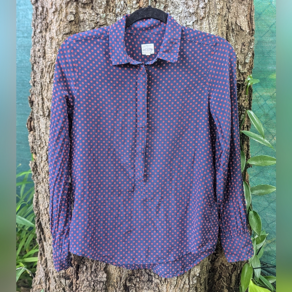 J. Crew | Classic Popover Shirt | Red Polka Dot on Navy | Size XXS